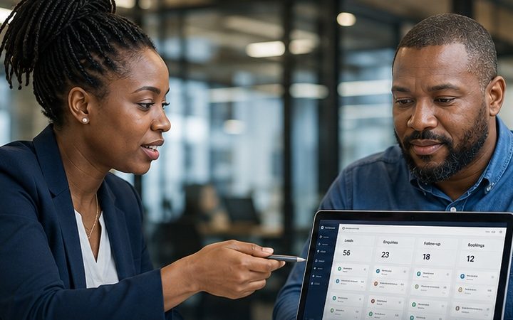 Two colleagues reviewing a laptop dashboard that tracks leads, enquiries, follow-ups and bookings