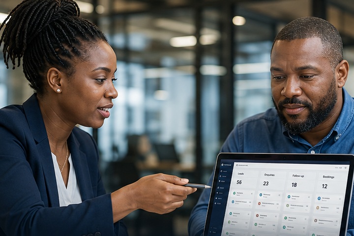 Two colleagues reviewing a laptop dashboard that tracks leads, enquiries, follow-ups and bookings