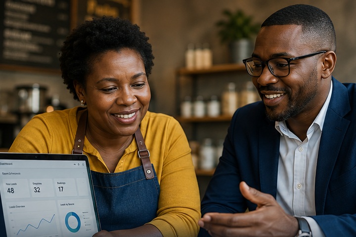 Small business owner in an apron and an adviser reviewing a dashboard of leads, enquiries and bookings on a laptop