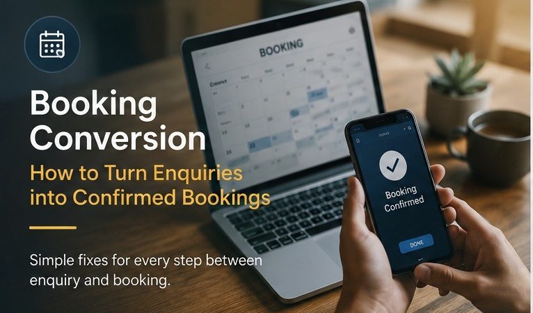 Hands holding a phone that shows Booking Confirmed, in front of a laptop with a booking calendar