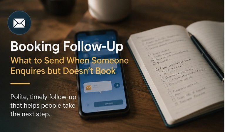 Smartphone showing a follow-up message next to an open notebook with a checklist