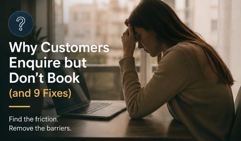 Person with a hand on their forehead at a laptop, worried about customers who enquire but do not book