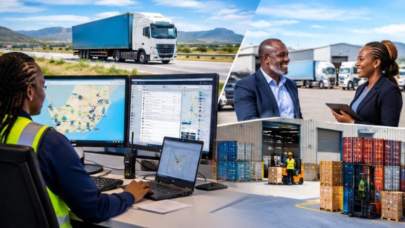 Logistics controller tracking trucks on a dispatch screen with fleet vehicles and a warehouse