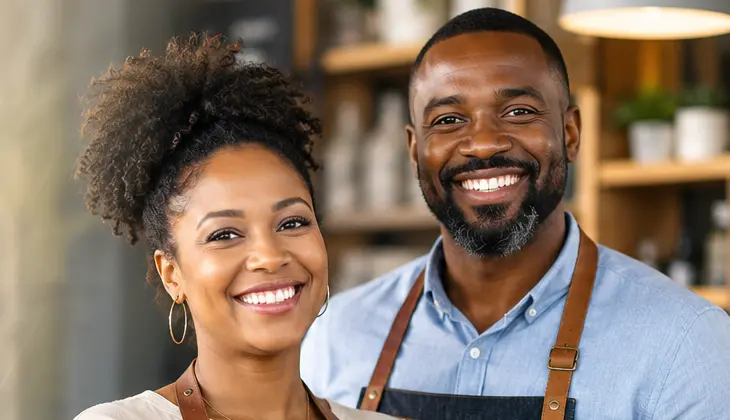 Two smiling small business owners in aprons in their shop (illustrative image)