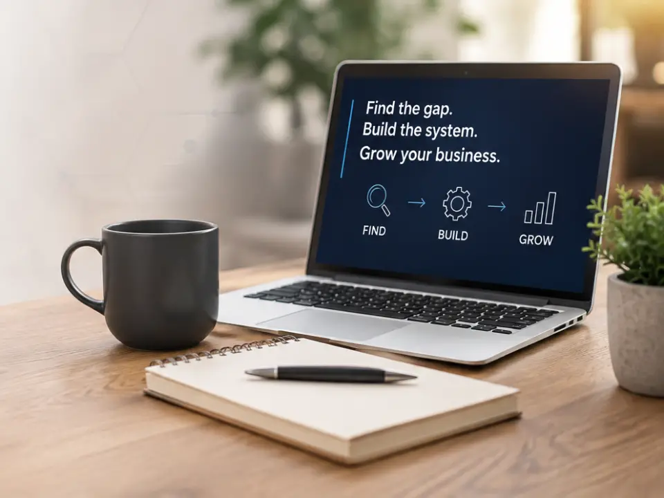 A laptop on a desk showing the line: Find the gap. Build the system. Grow your business.